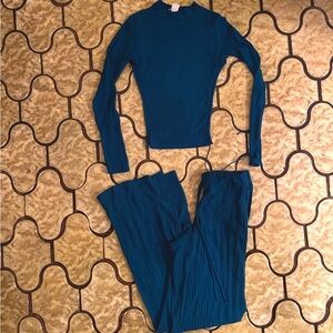 Women's Teal Ribbed Pants & Top Set -